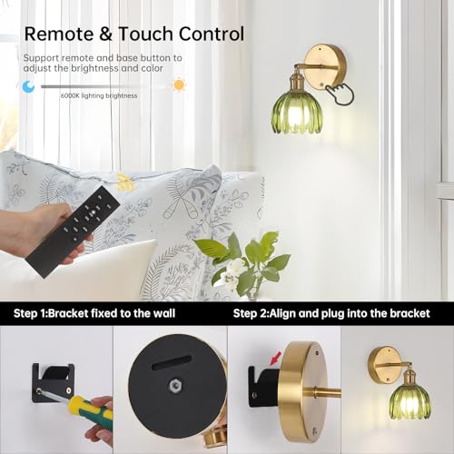 Battery Operated Vintage Wall Sconces with Green Tulip Glass Lampshade Battery Powered Wall Lighting for Bedside Bedroom Doorway