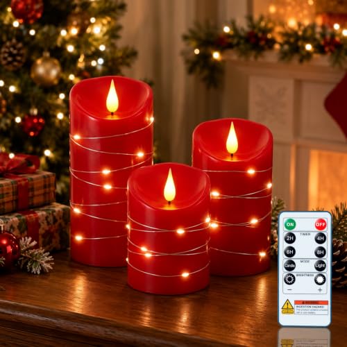 Red Flameless Candles with String Lights (3 Count)