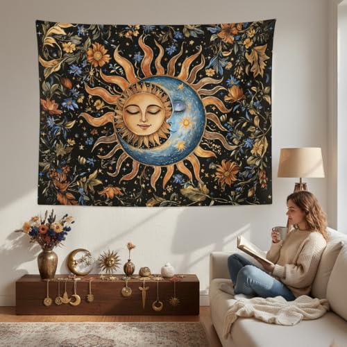 Sun and Moon Tapestry for Bedroom Boho Vintage Floral Hippie Wall Tapestry Aesthetic Retro Flower Plant Small Tapestries Wall Hanging for Living Room Dorm Decor 60 x 44 Inch