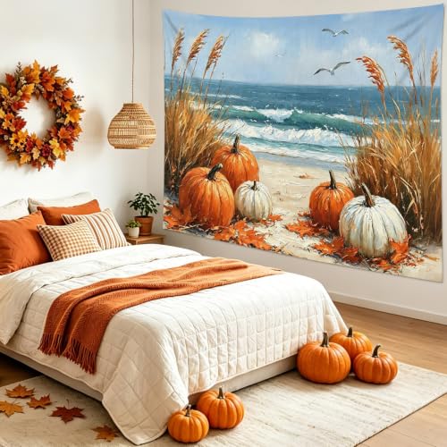 Coastal Fall Pumpkin Tapestry beach Landscape Wall Decor 92.5Wx70.9L