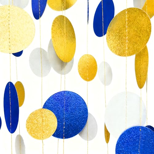 Royal Blue Gold White Party Polka Dot Garland Dark Blue Glitter Gold White Hanging Paper Circle Dots Streamer for Birthday Graduation Wedding Shower Retirement Nautical Party Decorations Supplies