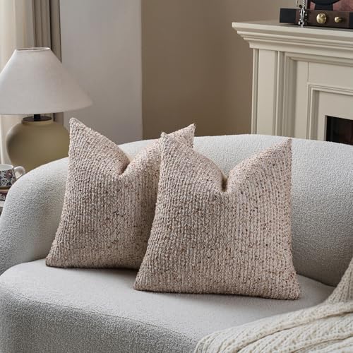 Striped Throw Pillow Covers 16x16 Set of 2 Beige Textured Boucle Chic Morden Boho Accent Farmhouse Square Decorative Couch Pillow Covers for Home Decor Bed Sofa Living Room (2 Count)