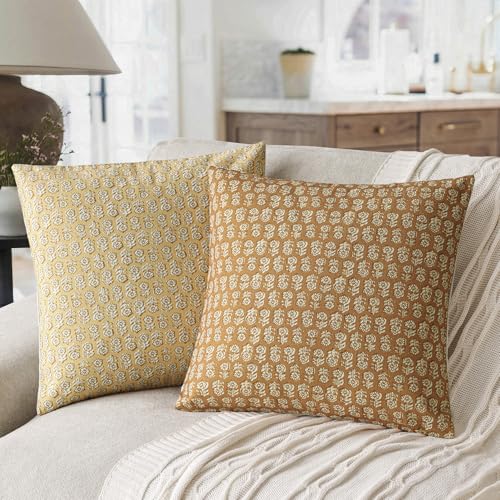 Decorative Floral Print Throw Pillow Covers 24×24 Golden Orange (2 Count)