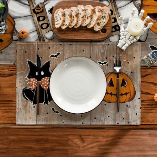 Wood Polka Dot Ghost Cat Boo Halloween Placemats Set of 4 (4 Count)
