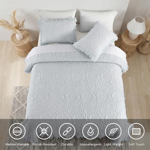 Light Blue Ruffled Quilt Queen Size