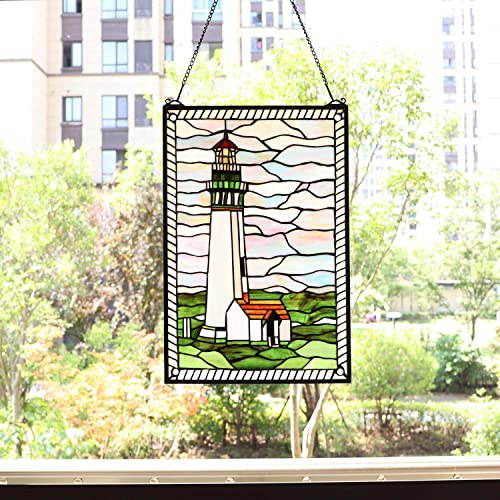 W10005 Pigeon Point Lighthouse Tiffany Style Stained Glass Window Panel with Hanging Chain