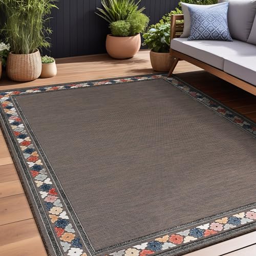 Outdoor Rug 5x7 Modern Bordered Area Rugs for Indoor and Outdoor Patio Easy to Clean Non Shedding Living Room Porch Garden Washable Outside Carpet