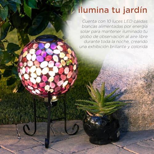 Outdoor Solar Powered Pink Glass Mosaic Gazing Globe with LED Lights and Metal Stand