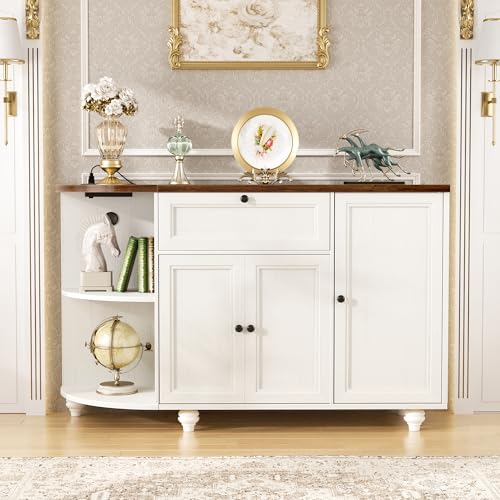 55" White Farmhouse Coffee Bar Cabinet with Charging Station