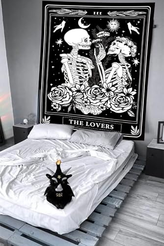 The Lovers Skull Tapestry Gothic Tapestry Vertical Black and White Skeleton Gothic Witch Sun Moon Floral Plant Snake Tapestries Wall Hanging Decor for Bedroom Dorm Room 70 x 90 Inches
