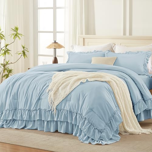 Light Blue Ruffle Comforter Set Queen Size