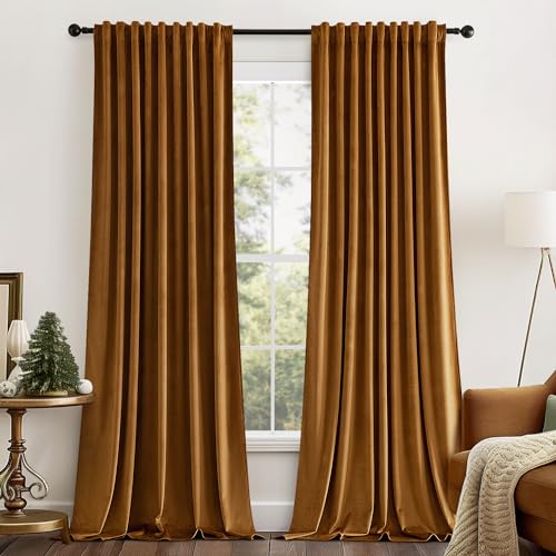 Fall Golden Brown Velvet Blackout Curtains Pinch Pleat 52" Wx84 L (2 Count)