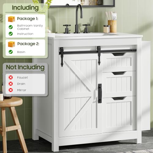 30" Farmhouse Bathroom Vanity with Ceramic Sink and 3 Drawers