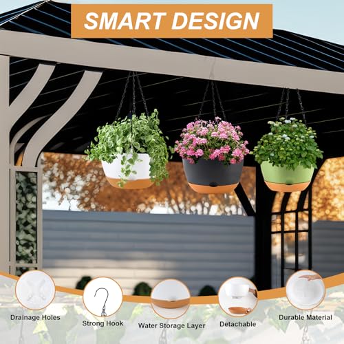 8/10/12 inch Hanging Planters for Indoor Outdoor Plants with Self-Watering Pots, 3 Pack Plastic Hanging Basket with Removable Tray for Home Garden Porch Balcony Patio Decor(White+Black+Green) (3 Count)