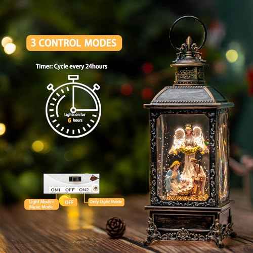 Christmas Snow Globe Swirling Glittering Angel & Nativity Scene with Music