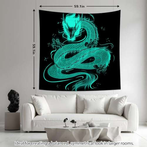 Blacklight Dragon Tapestry Wall Hanging Glow in the Dark Cool Japanese Dragon Backdrop Black Light UV Tapestry for Teen Boys Bedroom Mens Room Wall Decor 59.1" L x 59.1" W
