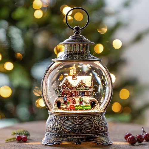 Christmas Village Snow Globe Water Lantern with Train Station Scene Battery Operated or USB Powered Musical Lighted Holiday Decoration for Tabletop Display for Family and Friends