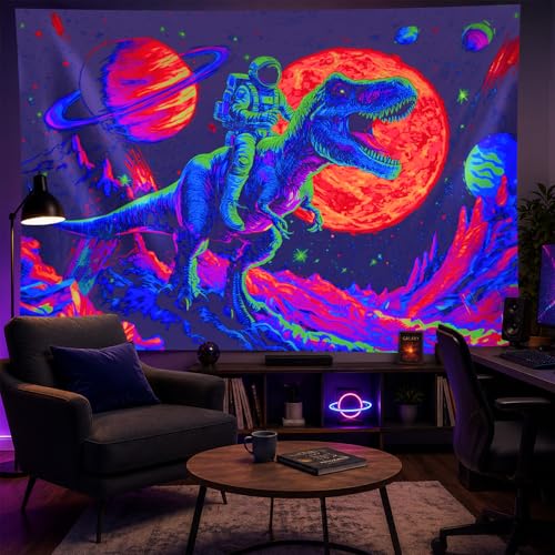 Blacklight Tapestry Dinosaur Astronaut Wall Art 78 x 59 Inch