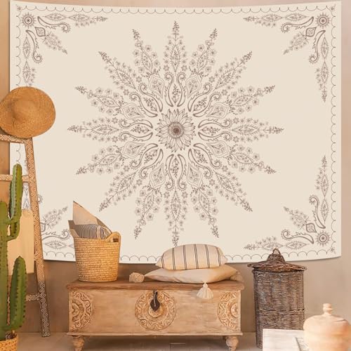 Boho Floral Mandala Tapestry for Bedroom Aesthetic Bohemian Flower Wall Tapestry Beige Hippie Indian Small Tapestries Wall Hanging for Living Room Dorm Decor 48 x 36 Inch