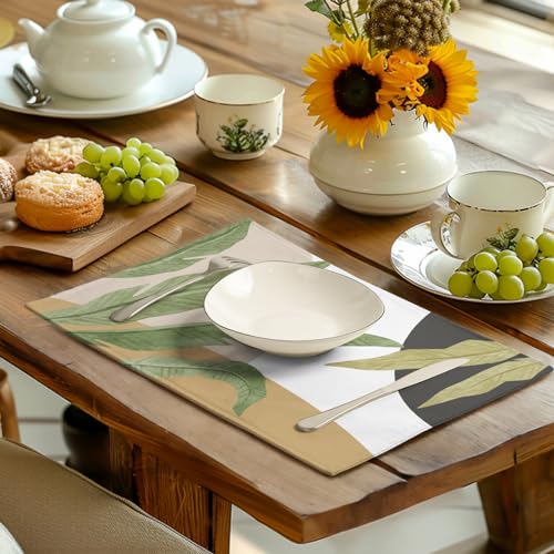 Tropical Palm Leaf Linen Placemats Set of 4 Summer Green Banana Leaves Themed Kitchen Place Mats Washable Non (4 Count)