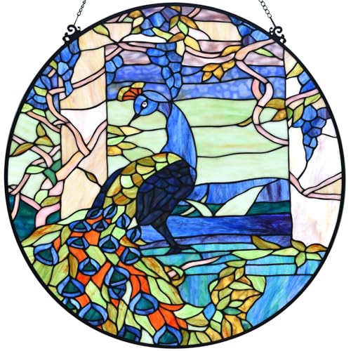 W10094 Blue Peacock Tiffany Style Stained Glass Round Window Panel
