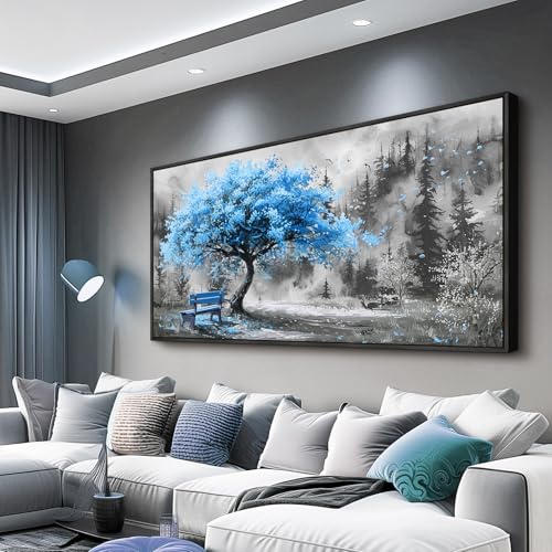 Black Framed Canvas Wall Art For Living Room Large Wall Decor For Office Bedroom Decorations Blue Tree Landscape Pictures Black And White Paintings Artwork Aesthetic Home Decor 30x60 In