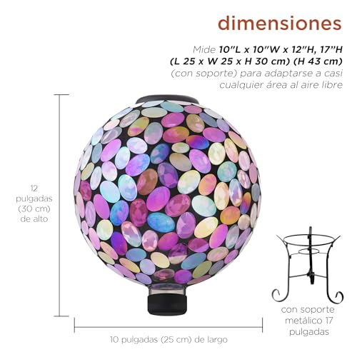 Outdoor Solar Powered Pink Glass Mosaic Gazing Globe with LED Lights and Metal Stand