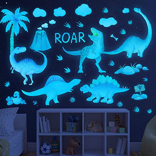 Dinosaur Wall Decals Glow in The Dark Vinyl Watercolor Dinosaur Decal Large Removable Dino Wall Stickers for Boys Bedroom Kids Girls Baby Nursery Playroom Living Room Wall Decor (4 Count)