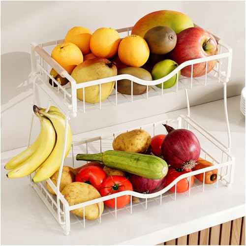2 Tier Fruit Basket for Kitchen Countertop with 2 Banana Hangers
