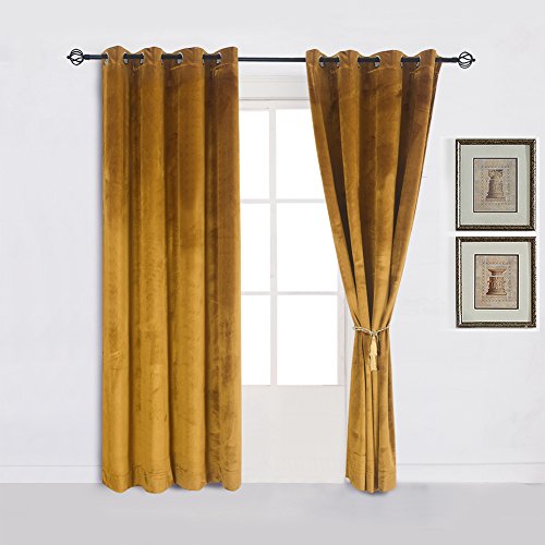Super Soft Luxury Heavy Velvet Set of 2 Warm Yellow Blackout Energy Efficient Grommet Curtain Panel Drapes Ginger Mustard Curtain Panels