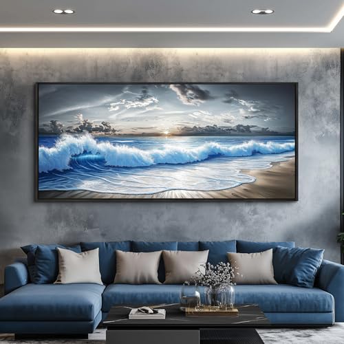 Large Canvas Modern Black White Printed Artworks Wall Decor For Living Room Wall Art For Bedroom Office Dining room Blue Ocean Wave Painting Wall Pictures Home Decor 32"X72" Black Frame