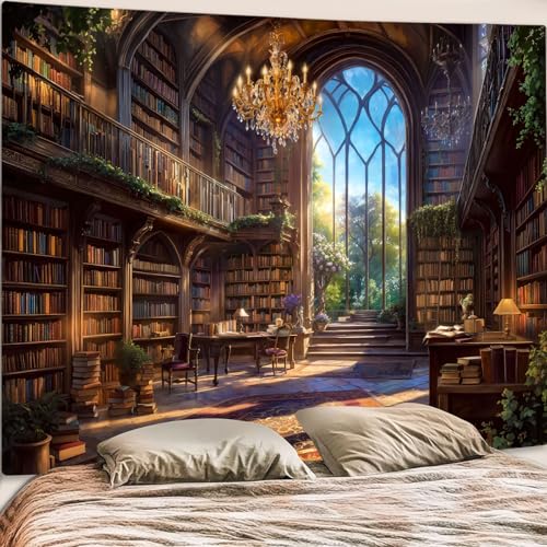 Vintage Library Tapestry Medieval Bookshelf Tapestries Wall Hanging Fantasy Academia Hall Book Backdrop Extra Large Tapestry for Bedroom Living Room Dorm Classroom 90 x 68 inch