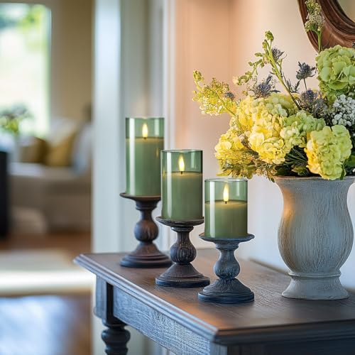 Green Glass Flameless LED Candles Battery Operated with Remote Timer (3 Count)