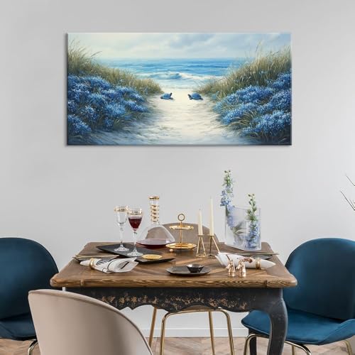 Romantic Beach Wall Art for Living Room Blue Sea Turtle Lovers Canvas Painting Prints Ocean Sandy Romance Flowers Large Bedroom Office Decor Artwork