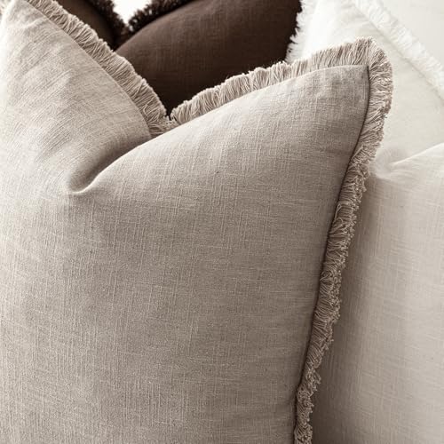 Boho Linen Fringe Lumbar Throw Pillow Covers 12×20 Natural Linen (2 Count)