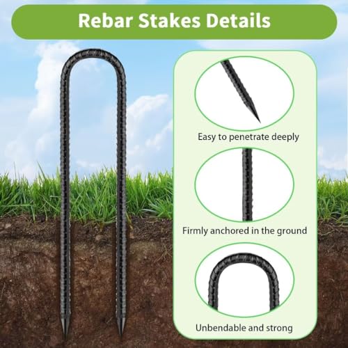 Rebar-Stakes-12-Inch, Ground Stakes Heavy Duty U-Hook Black Coated Anti-Rust Heavy Duty Ground Anchors for Garden Dog Fence Chicken Coop Christmas Decorations Deer Fence 4pcs (4 Count)