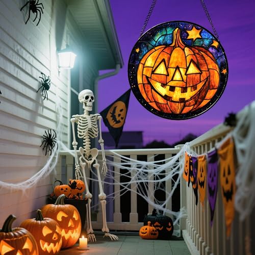 Stained Glass Window Hanging Halloween Horror Golden Pumpkin 9.8"