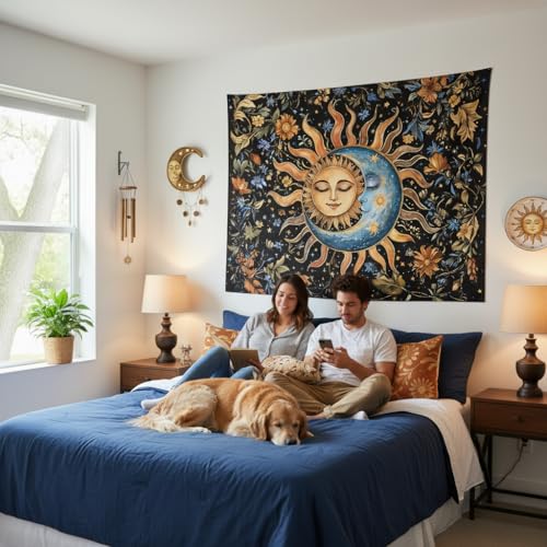 Sun and Moon Tapestry for Bedroom Boho Vintage Floral Hippie Wall Tapestry Aesthetic Retro Flower Plant Small Tapestries Wall Hanging for Living Room Dorm Decor 48 x 36 Inch