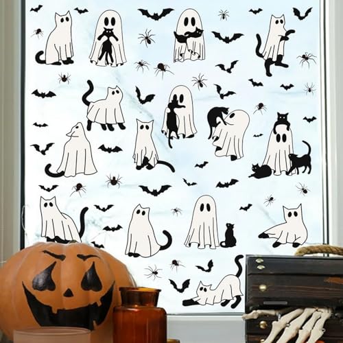 Halloween Ghost Window Clings for Glass 6 Sheets Cute Window Decals Spooky Window Stickers Cat Spider Reusable Windows Cling for Halloween Fall Party Home School Office Glass Supplies Decorations (6 Count)