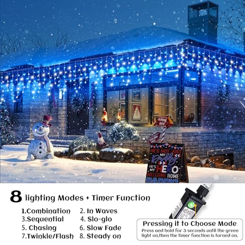 Icicle Lights for Outside Blue and White Christmas Lights Outdoor 132ft