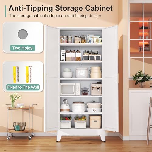 Metal Pantry Cabinet with 2 Doors and 5 Adjustable Shelves