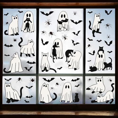 Halloween Ghost Window Clings for Glass 6 Sheets Cute Window Decals Spooky Window Stickers Cat Spider Reusable Windows Cling for Halloween Fall Party Home School Office Glass Supplies Decorations (6 Count)