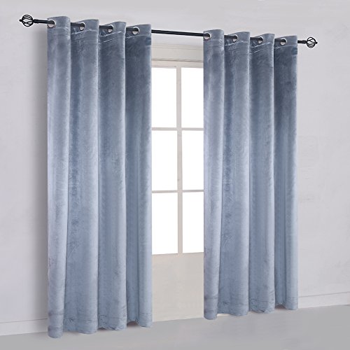 Super Soft Luxury Velvet Texture Curtains Stone Blue Blackout Drapes Room Darkening Curtains Panel Grommet Drapery 52 by 72 inch Dusty Blue