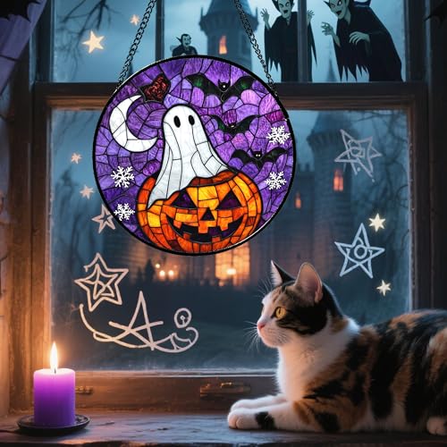 Stained Glass Window Hanging Halloween Horror Pumpkin 9.8"
