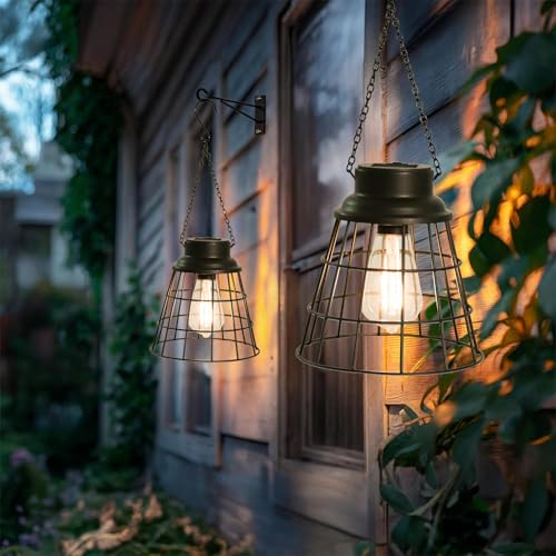 2 Pack Hanging Solar Lights Outdoor Lanterns Waterproof Black Metal (2 Count)