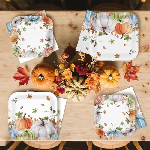 200Pcs Fall Plates and Napkins Square Autumn Pumpkin Plates Thanksgiving Paper Platter Tableware Sets for Thanksgiving Harvest Party Decorations (200 Count)