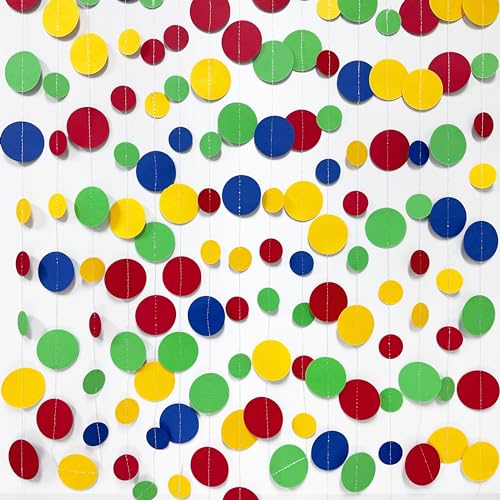 Mario Party Decorations Circle Dot Garland Red Blue Yellow Green Hanging Paper Polka Dot Streamer for Birthday Wedding Bridal Shower Carnival Circus Clown Fiesta Party Supplies