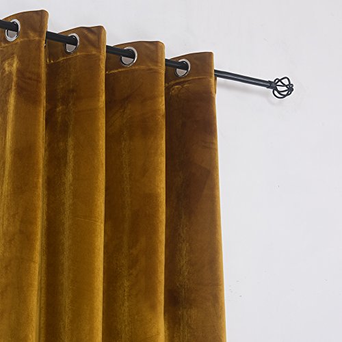 Super Soft Luxury Velvet Set of 2 Warm Yellow Blackout Velvet Energy Efficient Grommet Curtain Panel Drapes Ginger Mustard Curtain Panels 52Wx108L