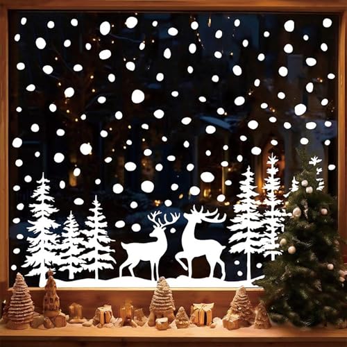 Christmas Window Clings for Glass 8 Sheet Xmas Tree Window Decals with Reindeer Designs White Window Stickers Winter Windows Cling for Party Supplies Home School Office Glass Decorations (8 Count)