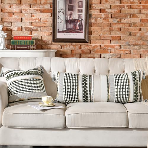 Chenille Striped Textured Boho Throw Pillow Covers Aesthetic with Tassels Woven Decorative Pillow Case for Couch Bed Sofa Bedroom Modern Funky 18 x 18